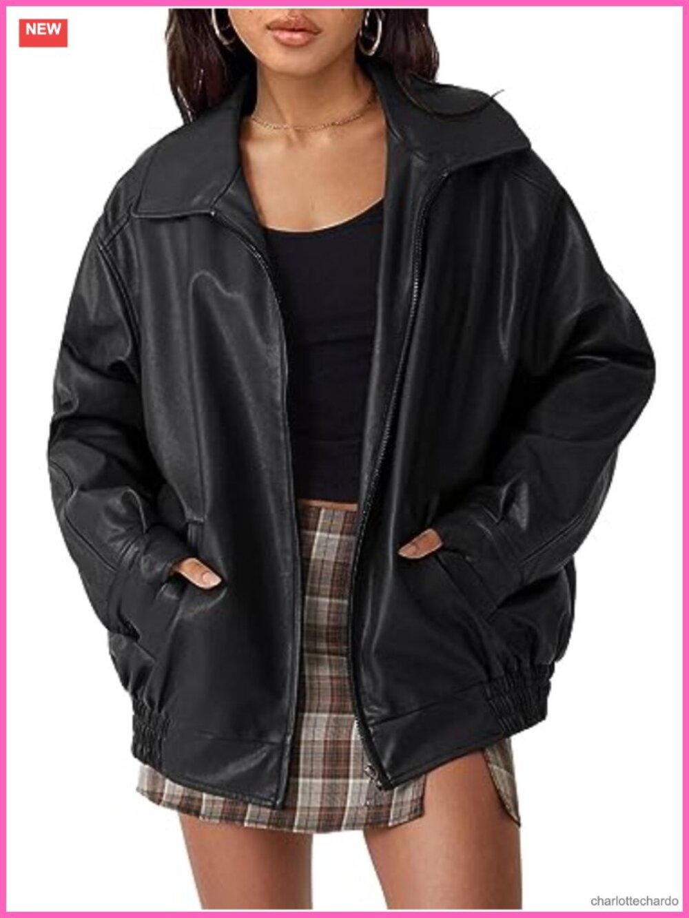Women's Oversized Faux Leather Jacket Motorcycle Bomber Coat